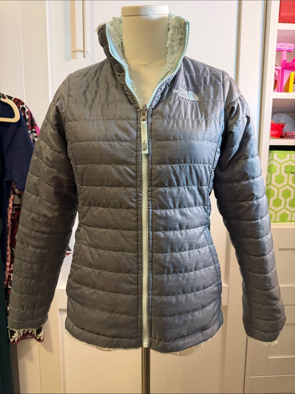 The North Face Gray Puffer with Light Blue Sherpa Lining - REVERSIBLE :)